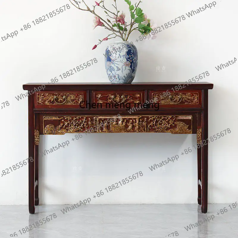 Chinese classical table solid wood carving flower strip table three drawers Buddha table retro furniture