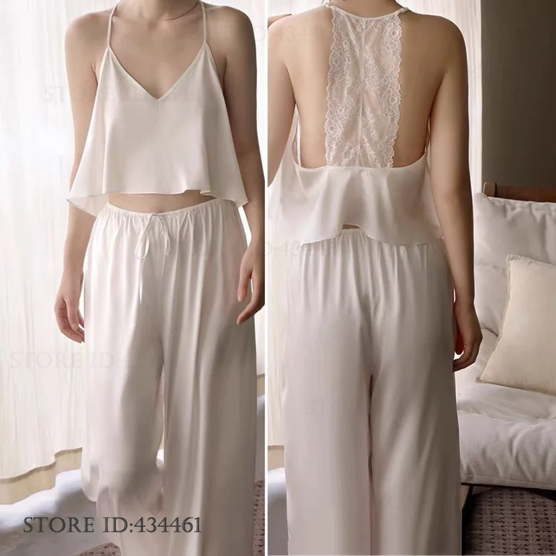 

Новинка! Сексуальный женский комплект белья с открытой спиной и кружевом: летняя пижама с бретельками и брюками, свободный костюм из шелкового атласа для сна и дома.