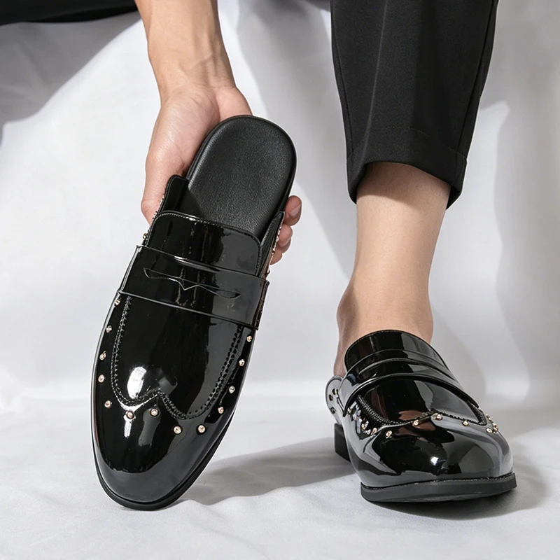 Big Size 45 46 Mules Men Closed Toe Leather Backless Summer Slip On Flat Sneakers Woman Casual Loafers Half Shoes Slides Sandals
