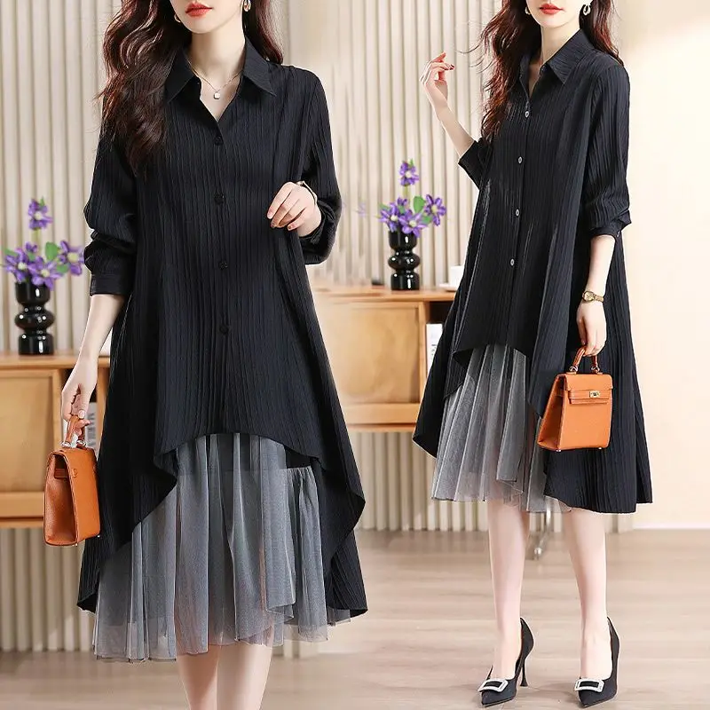 

Новинка 2026: Весенний женский комплект из двух предметов: длинный кардиган-рубашка и платье на бретельках, корейский свободный черный костюм с вставками из тюля