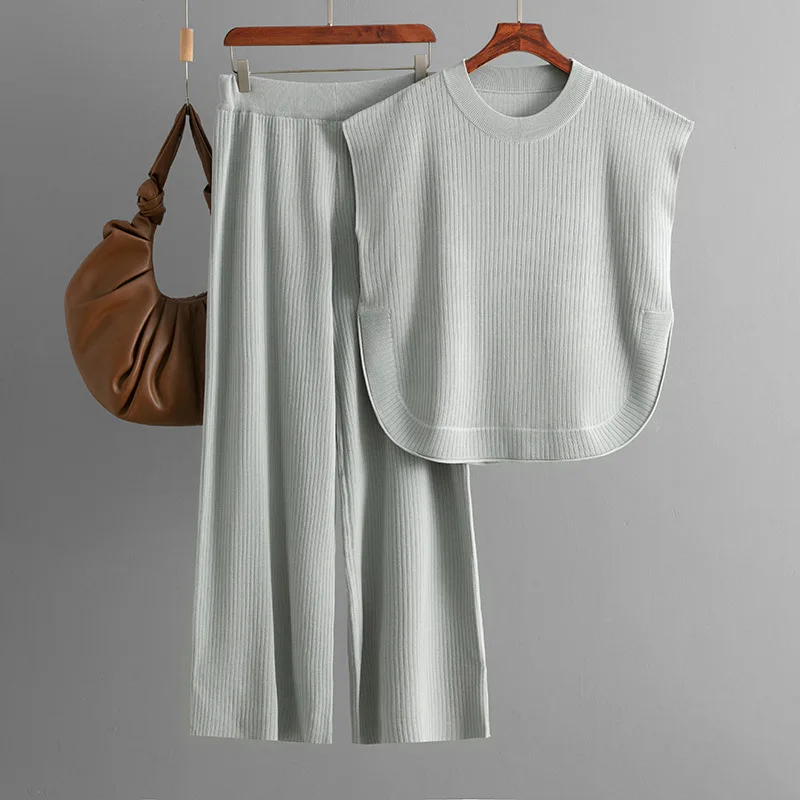 

Простой модный свободный вязаный топ без рукавов в американском стиле, широкие брюки, комплект из двух предметов для женщин