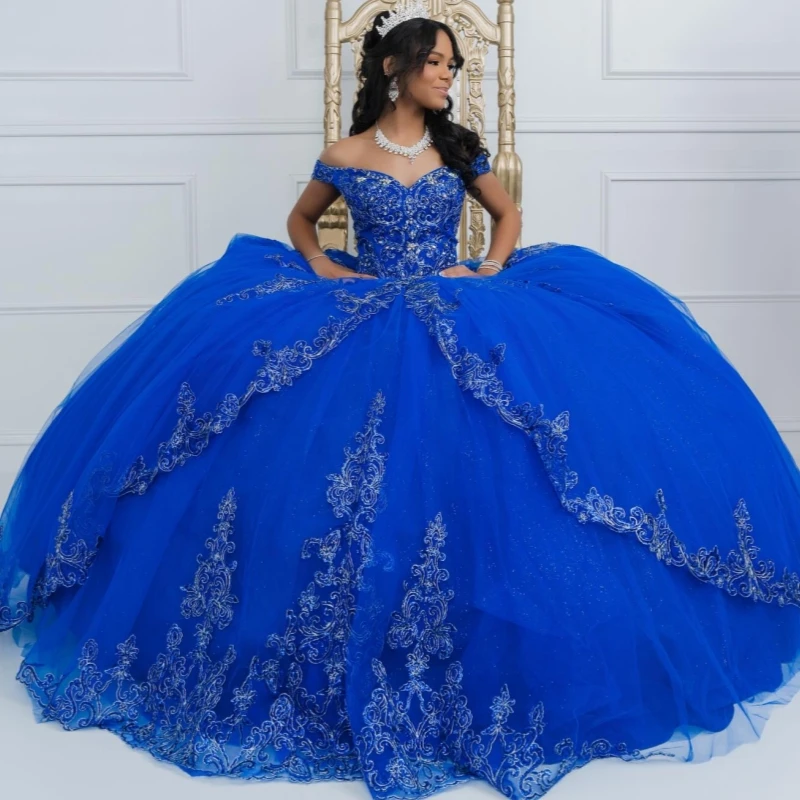 

Royal Blue Shiny Quinceanera Dresses Off The Shoulder Applique Lace Beading Crystal Tull Corset Party Birthday Sweet 16 Dres Ves