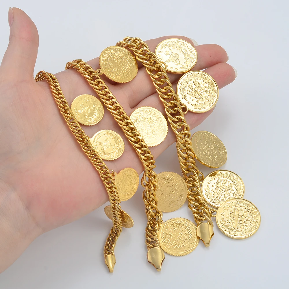 Anniyo Turkish Coin Bracelet for Women Men Turkey\'s Ancient Coins Banglet Turk Jewelry Gold and Silver Color #122601
