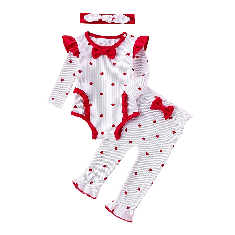 

Baby Girl Fall Outfit Heart Print Ruffle Long Sleeve Ribbed Romper Elastic Waist Pants Bow Headband 3 Piece Set