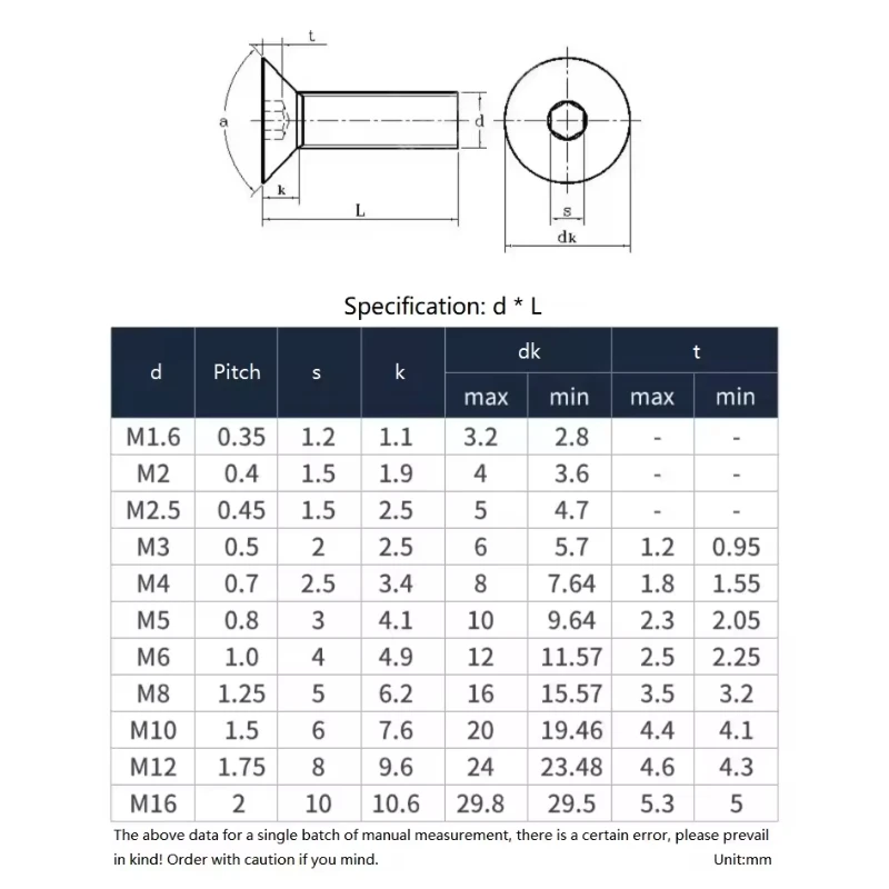 1-30pcs M2 M2.5 M3 M4 M5 M6 M8 M10 316 Stainless Steel Hexagon Hex Socket Head Flat Countersunk Allen Bolt Screw 4mm-100mm
