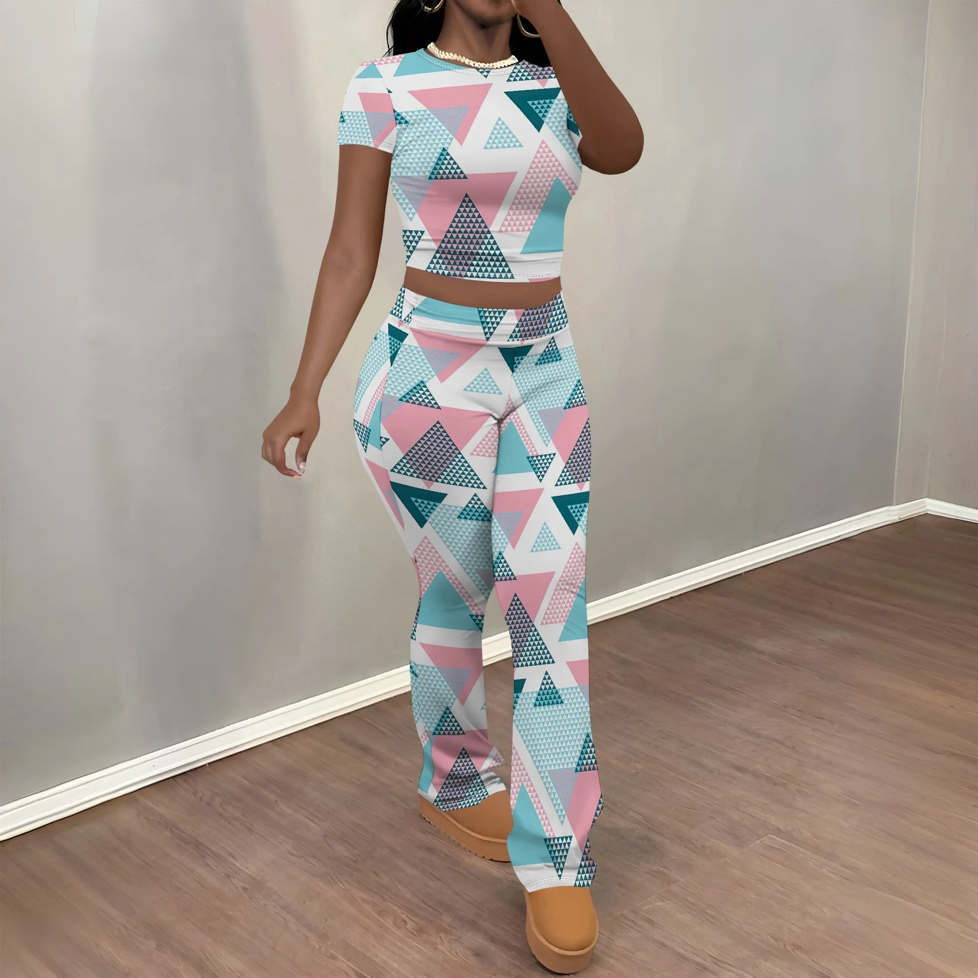 

Nupusa Geometric Print Set for Women Summer Casual Short Sleeve Crop Top & Pants