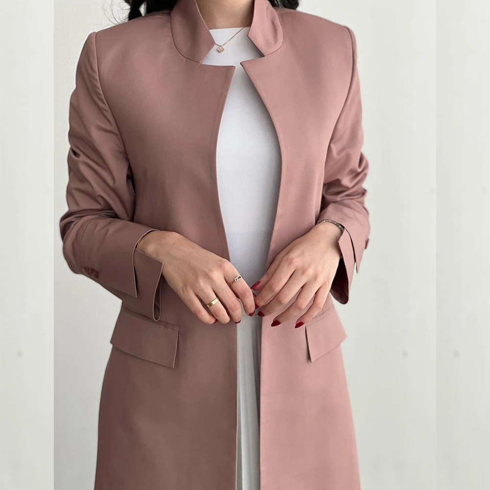 Luxury Dubai Muslim Women\'s Jacket Blazer Solid Color Stand Lapel Single Breasted Long Coat 1 Piece Formal Office Lady Outerwear