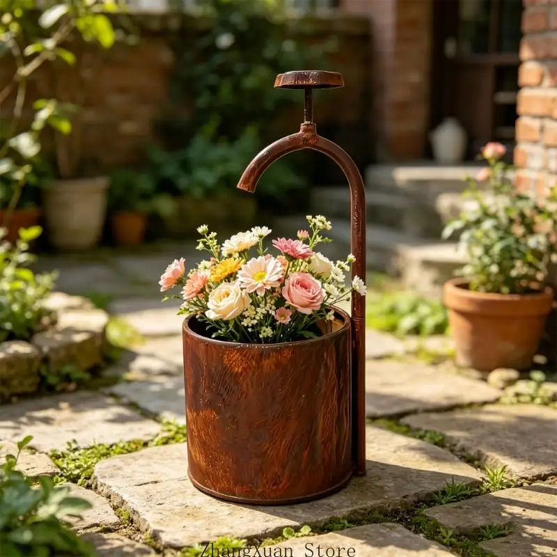 Metall-Blumentopf, antikes Brunnen-Design, Gießkanne, Pflanzgefäß, Blecheimer, perfekt für Hof- und Rasendekoration, 3 x – Detail 2