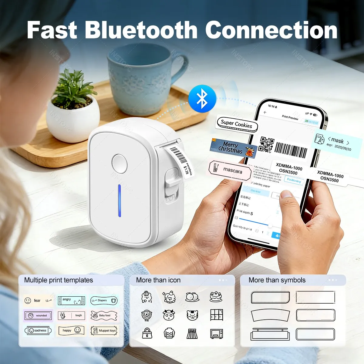 Portable Mini Label Printer Bluetooth Inkless Self-adhesive Thermal Labels Printer Sticker Maker Adhesive Mini Labeling Machine