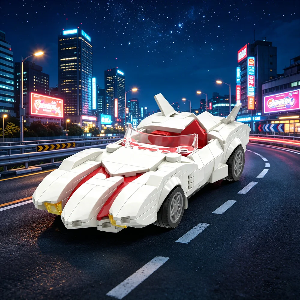 MOC Mach 5 Auto-Bausteine 1967 Japanischer Anime-Manga-Held Auto Weißer Karosserie mit Rotem Interieur Rennspielzeug Geschenk für Erwachsene