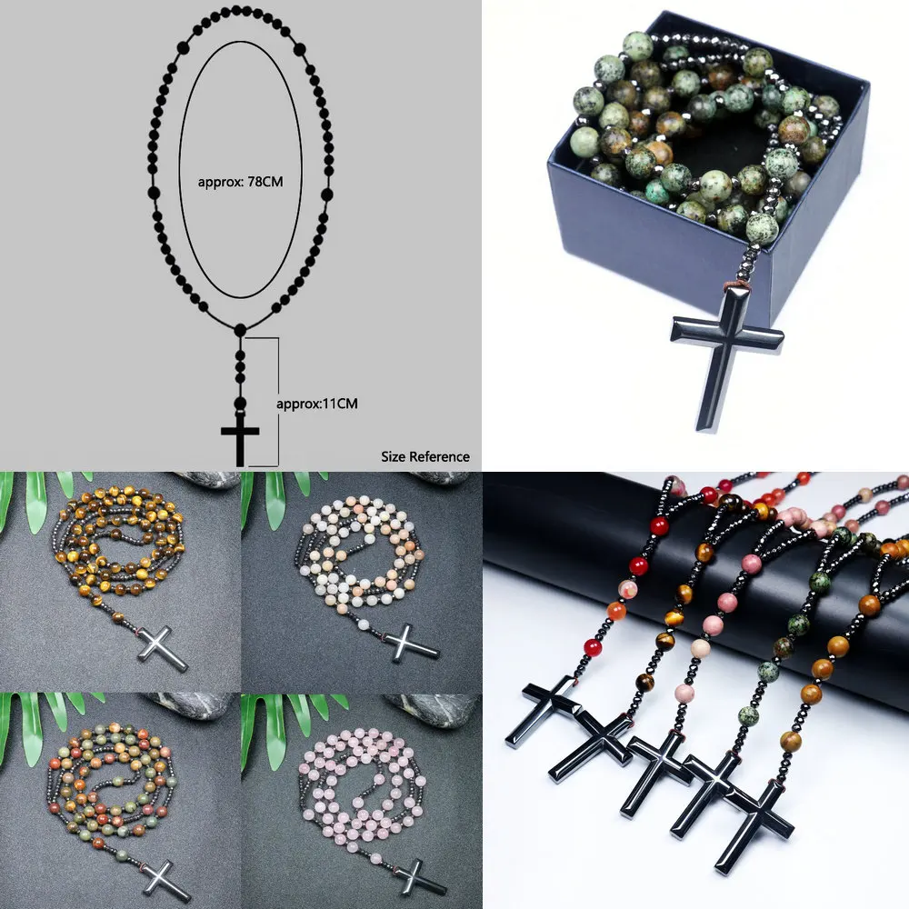 1PC Rose Red Natural Stone Cross Bead Necklace with Iron Gallstone Beads Handmade Beads 8mm Men\'s Ethnic Style Necklace