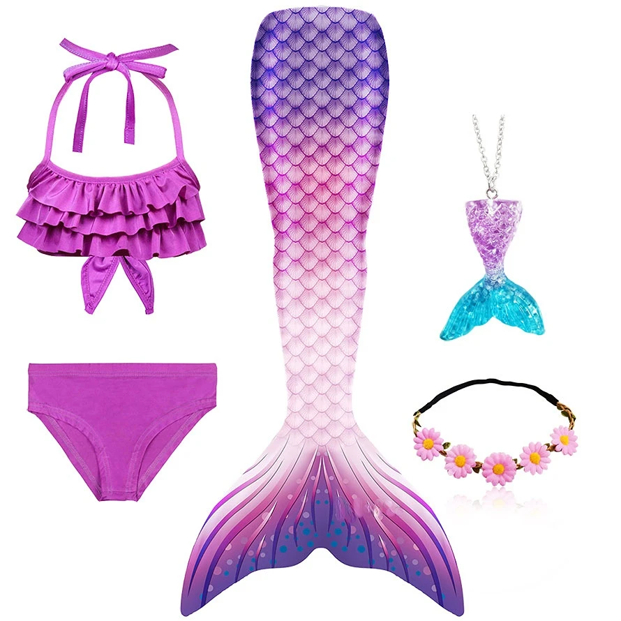 Traje de baño de cola de sirena para niñas, disfraz de La Sirenita, ropa de playa de Cosplay, traje de baño, 5 piezas por juego