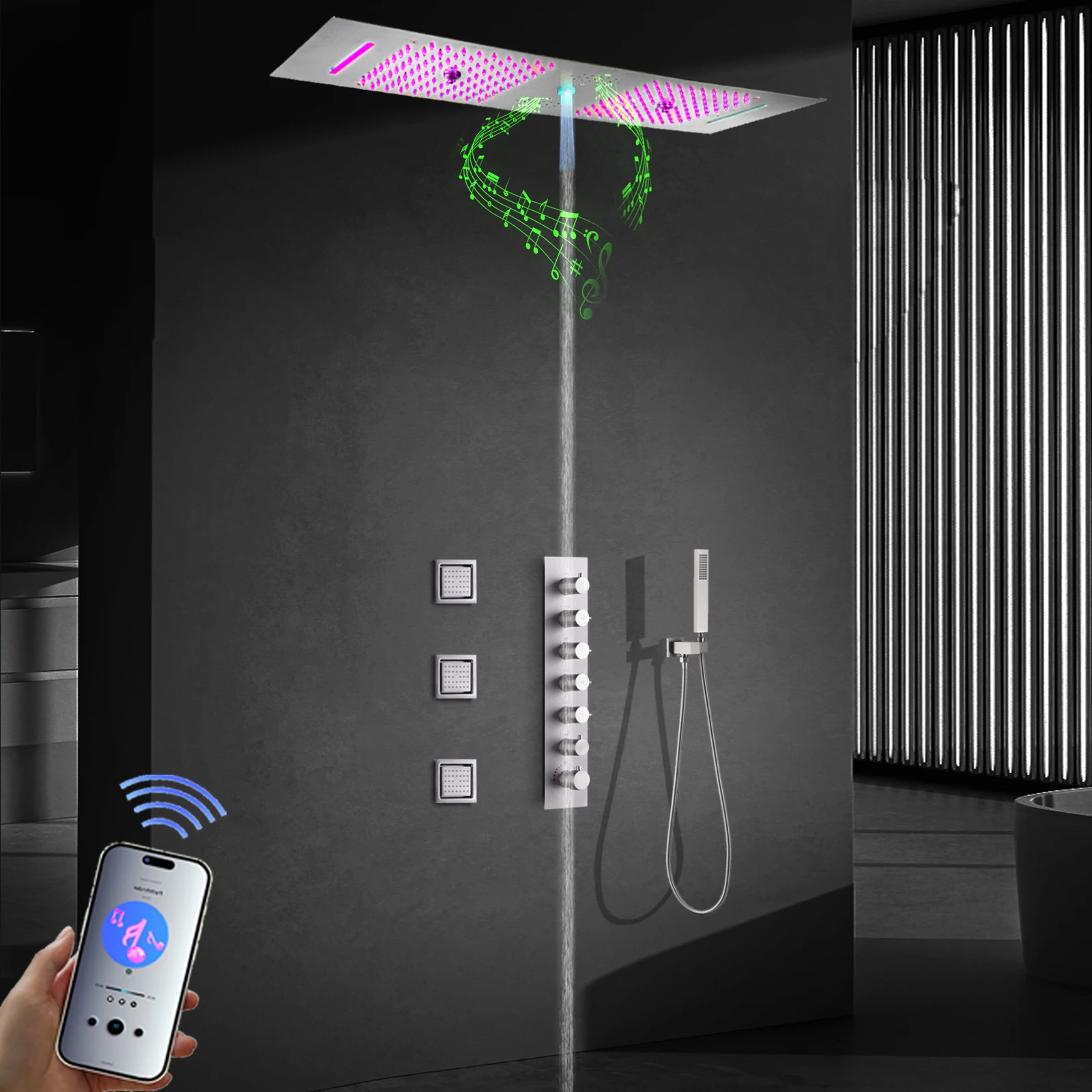 Sistema de ducha LED con altavoz de música, cabezal de ducha LED de 36x12 pulgadas, juego de Sistema de ducha termostático de cascada para Baño