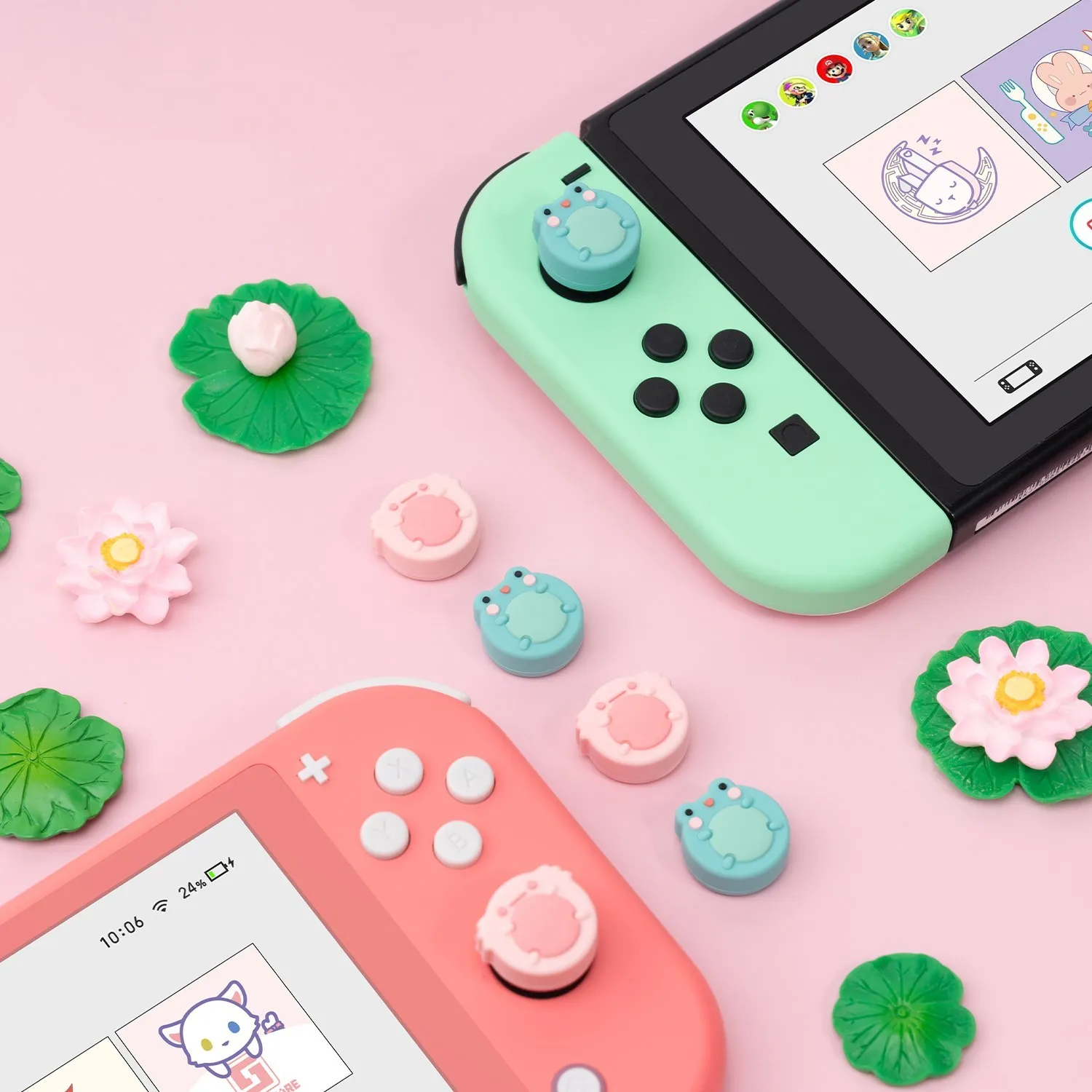 GeekShare-닌텐도 스위치 조이-콘 엄지 그립 NS OLED 및 라이트 조이스틱 캡용, 귀여운 개구리 소프트 보호 엄지 스틱 그립 캡
