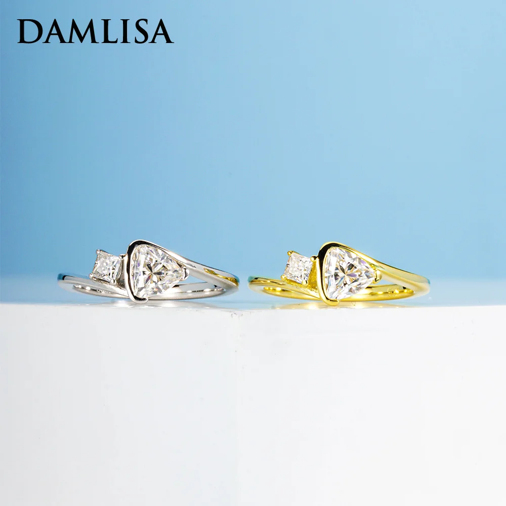 DAMLISA 1.1cttw D Color TRILLYON&PRINCESS Moissanite Anti-Stress Ring S925 Silver 18K Gold Plated Two Stone Engagement Open Ring