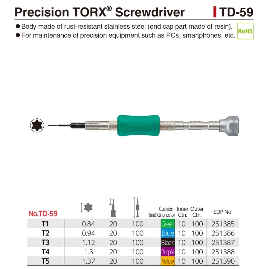 VESSEL TD-59 T1 T2 T3 T4 T5 Series Precision Miniature Screwdriver for Ultra-Small Screws For Computer and Smartphone Repairs