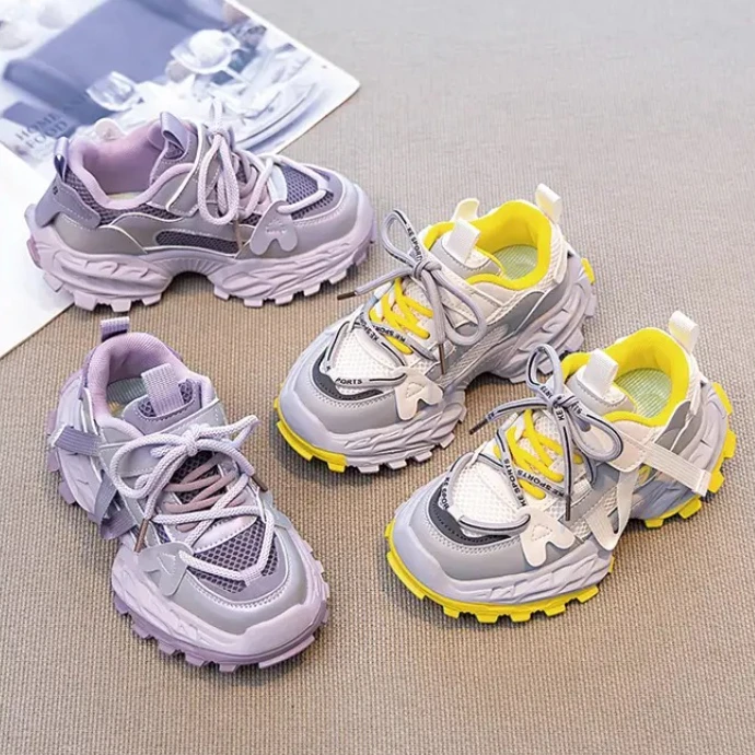 

2025Children's Thick-soled Sports Shoes Autumn Leather Fashion Girl's Running Shoes Boys' Casual Lace-up Soft Sole kids sneakers