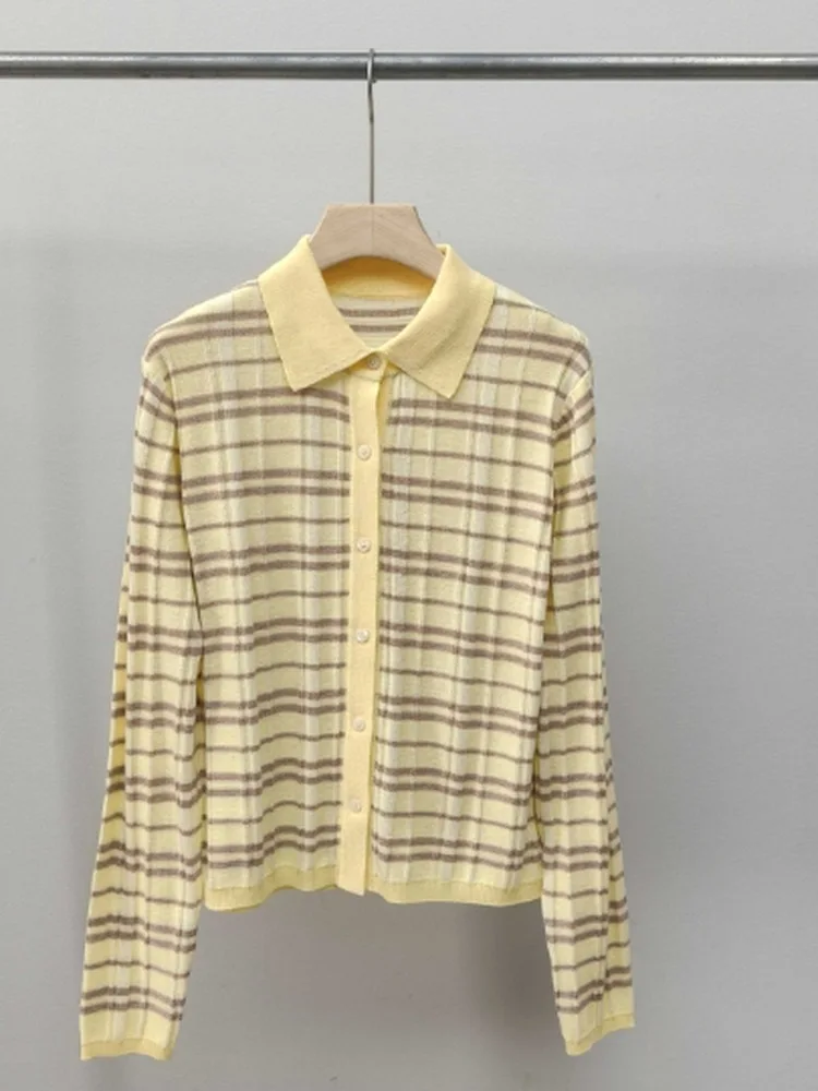 Slim Fit Korean Sle Knitted Cardigan Long Sve  Collar Striped Casual Faion Autumn New Arrival Women's Knitwear