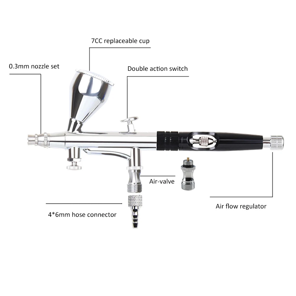 Dual Action Airbrush Gun 20 40CC 0.3MM Trigger Spary ปากกาชุดทําความสะอาดท่อสีดําสีแดงสีฟ้า