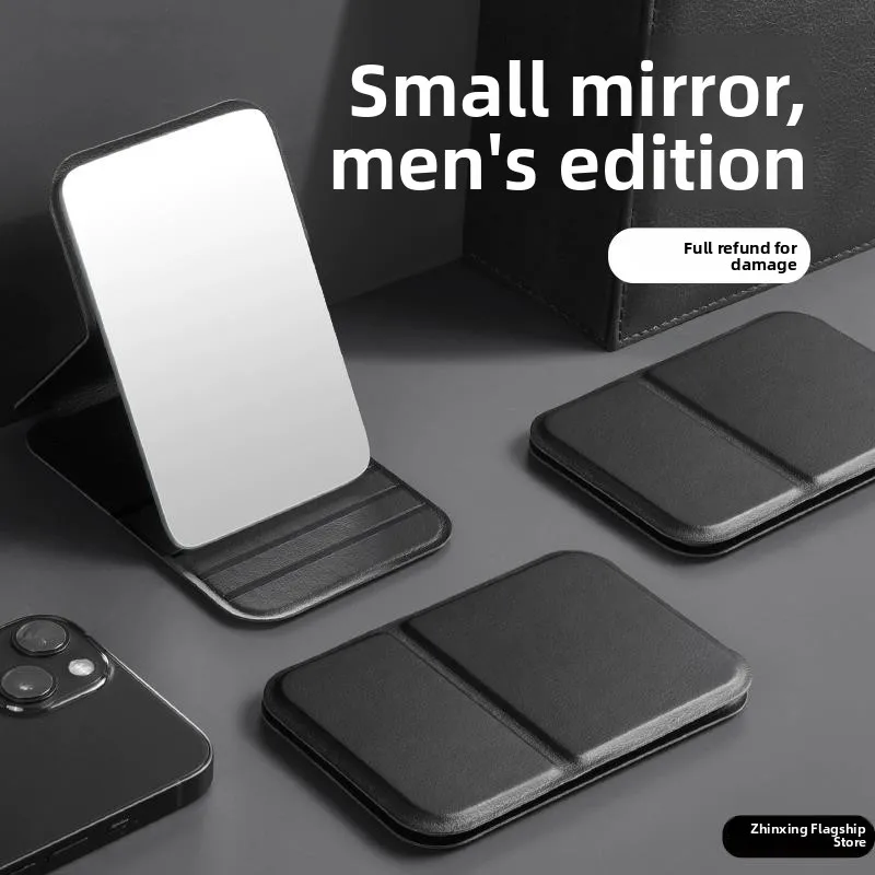 

Portable Folding Men's Mirror Compact Travel Size Anti Slip Beard Trimming Makeup Mirror Stand Desk Top PU Frame Aluminum Mirror