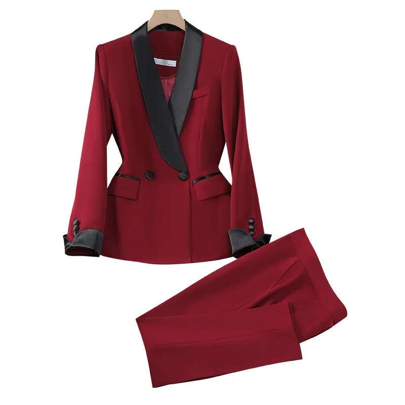 4XL Stock Autumn Winter Suit Coats Two Piece Set Women Blazer Skinny Pants Long Trousers Office Lady