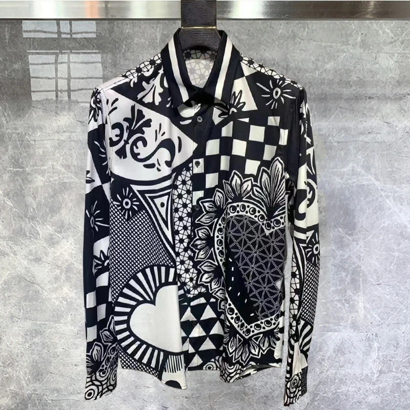 

Vintage Black White Contrast Shirt Men Long Sleeve Printed Personalized Shirt Hip Hop Party Holiday Shirt Luxury Designer Shirt