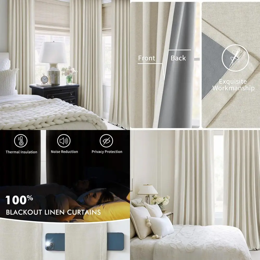 Zasłony zaciemniające z potrójnymi zakładkami, długość 244 cm, zestaw 2 paneli, kremowe zapięcie na sznurki, naturalny kolor, do sypialni i salonu