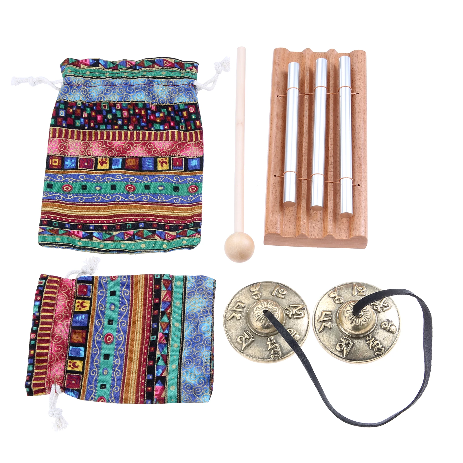 

1 Set Meditation Instruments Tibetan Tingsha Cymbals and Three Tone Chime Bell with Drumstick Tibetan Drawstring Cloth Bag