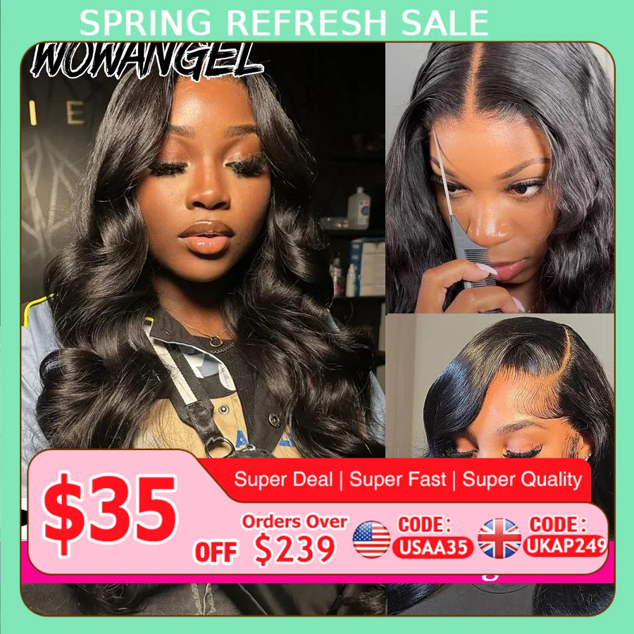 WOWANGEL 13x6 HD dentelle avant perruques 34 pouces vague de corps sans colle perruque de cheveux humains 250% peaux pré plumées fondu cheveux brésiliens pour Wowen