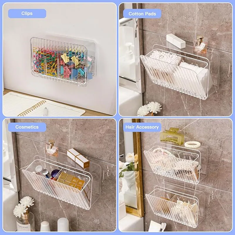 Wall Mounted Cushion Storage Organizer, Clear Stand Dispenser with 2 Compartments Bathroom Vanity Storage Jar for Cotton Swabs