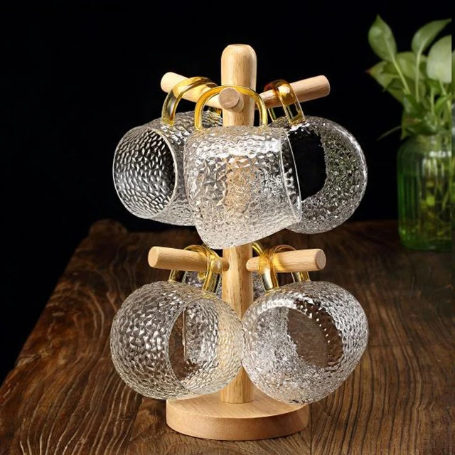 

Glass Cup Four-piece Suit Six-piece Wooden Holder Transparent Crystal Mug with Handle Home Set Drain Rack