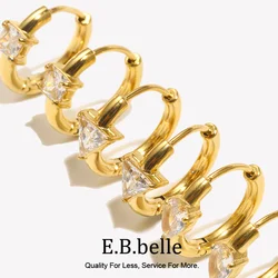 E.B.belle Square Triangle Waterdroplet Rhinestone Hoop Earring 18K Gold Plated Stainless Steel Minimalist Style Women Jewelry