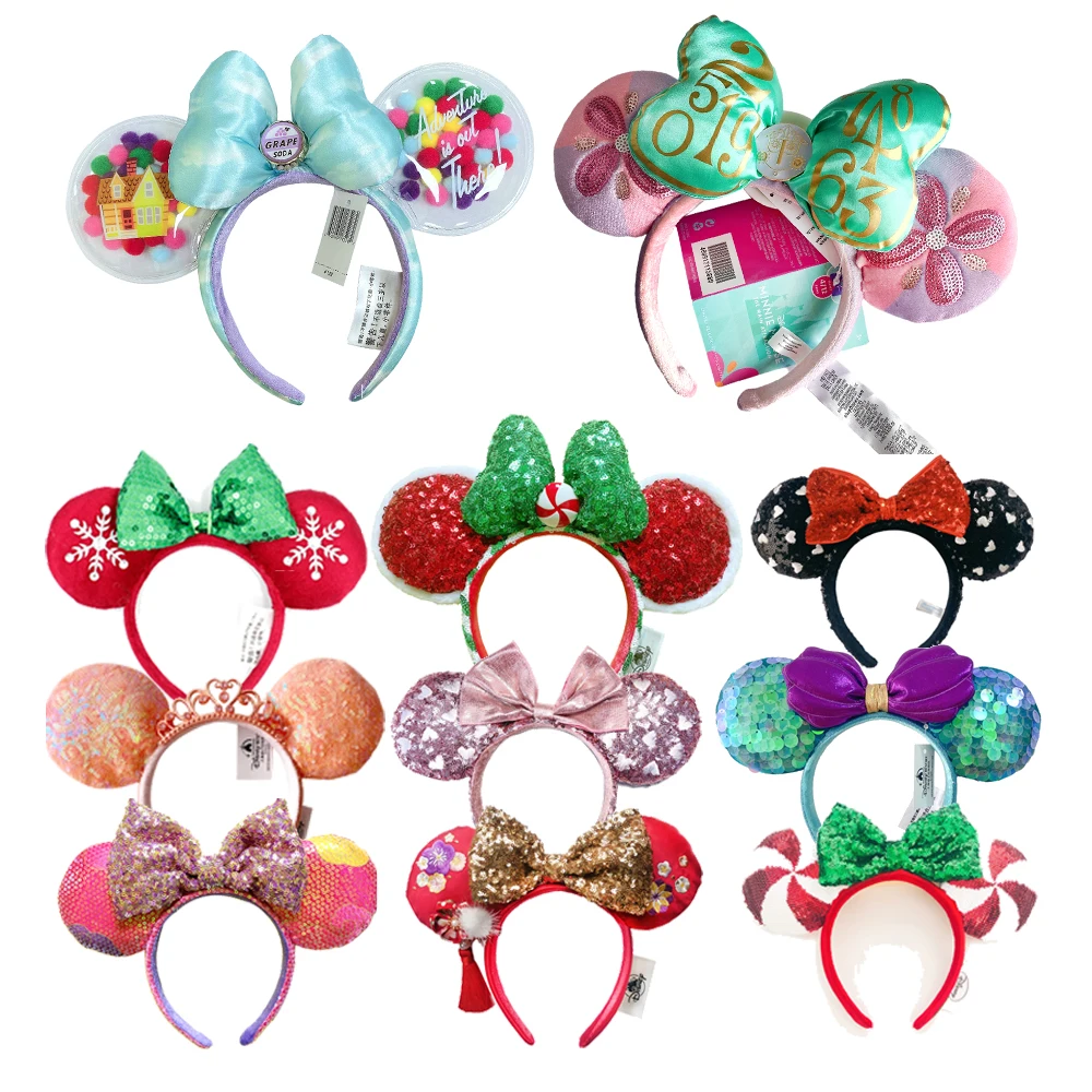 Orelhas Disney Mickey Mouse Headband, Minnie Bow, lantejoulas rosa, cocar anime dos desenhos animados, Space Mountain, Ano Novo Lunar, Presente