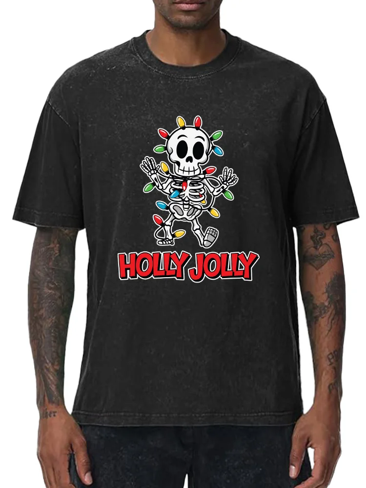 

Skull with Raised Hand 230g Heavy Cotton Washed Oversized T-Shirt for Men Christmas Graphic Tee Retro Casual Top