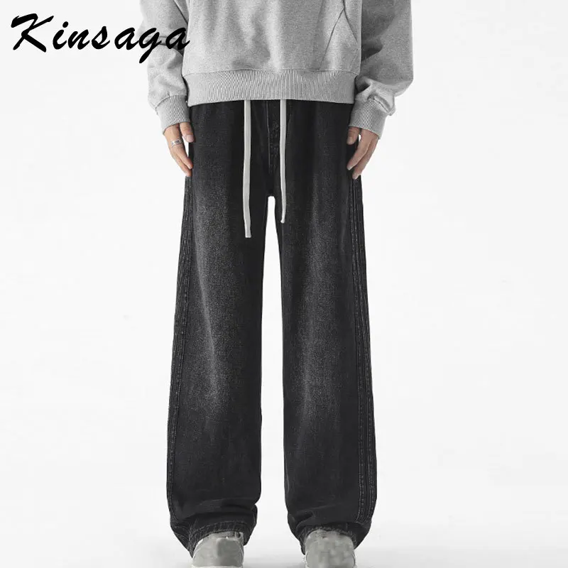 Uomo Streetwear Surplus Gamba larga Draswtring Vita Jeans dritti Traf Homme Baggy Cargo Pantaloni in denim Pantaloni slouchy a righe laterali