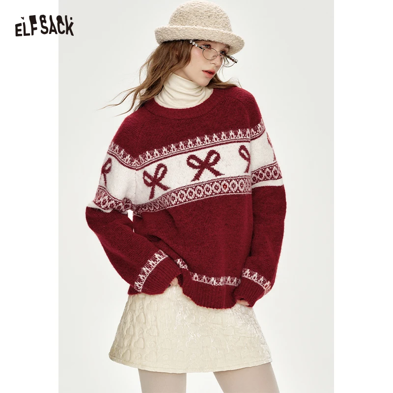 

ELFSACK Y2K Ошатный повседневный свитер с круглым вырезом и бантом в форме сердца для женщин