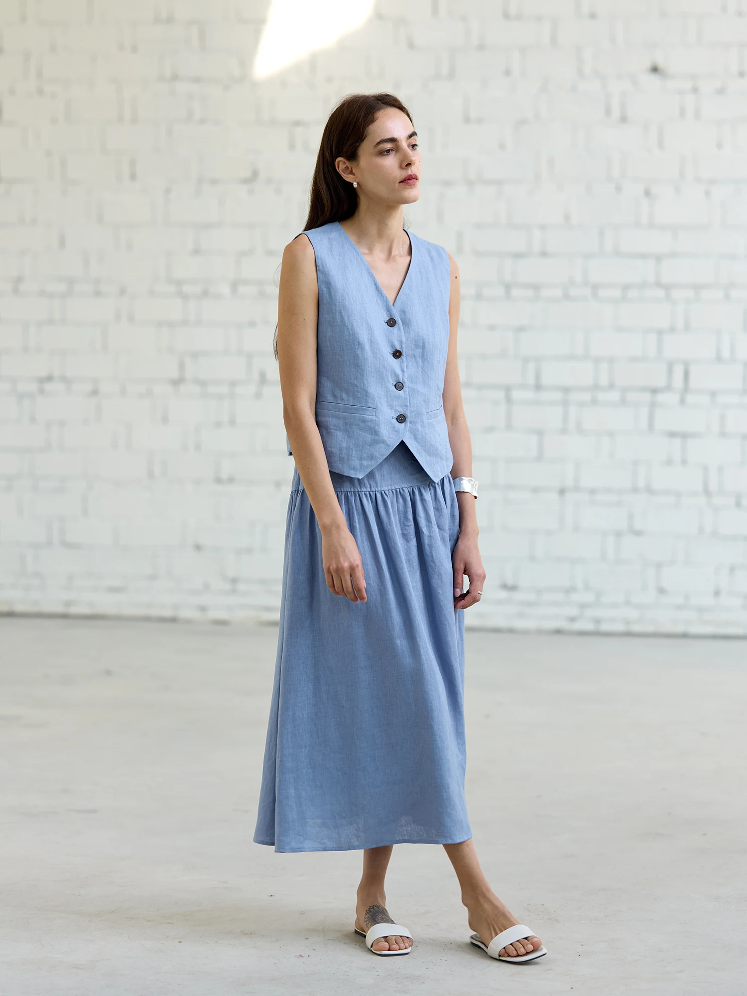 

Summer Linen Two-Piece Set Women's Vest Skirt Outfit Classic Pre-War Style High Waist Long Pants V-Neck Sleeveless Fashion Set