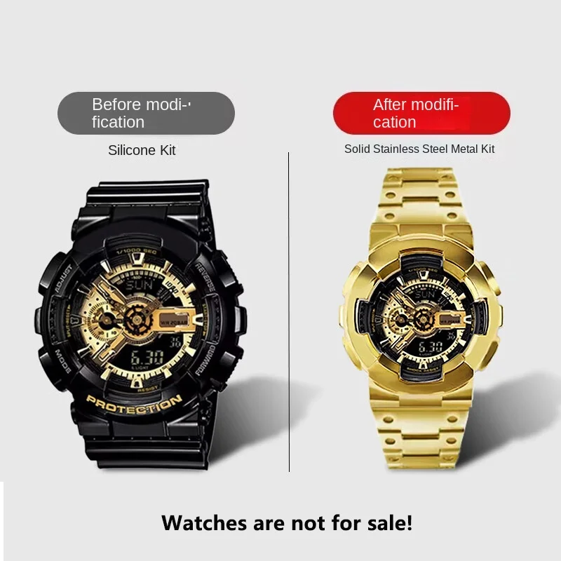 For Casio GA-110 GA-120 GA-100 Solid Stainless Steel Case Men's Waterproof Watchband Bezel GA110 Metal Strap +Case Mod Kit +Tool