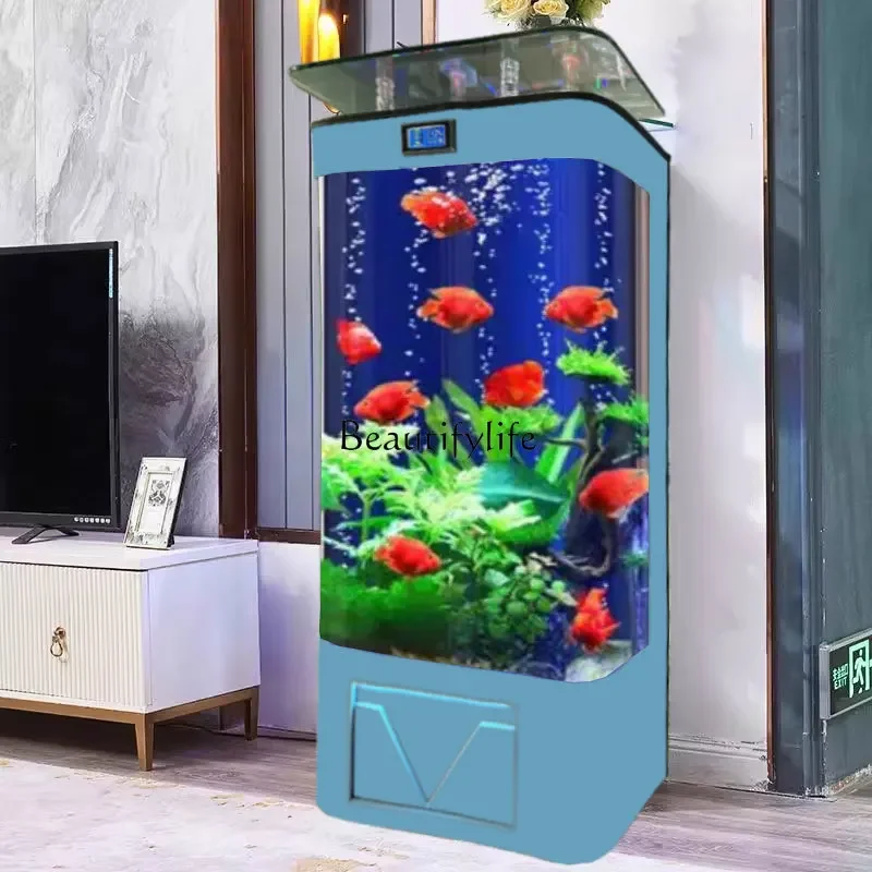 Semicircular floor-to-ceiling glass aquarium ecology next to the new living room small household TV cabinet