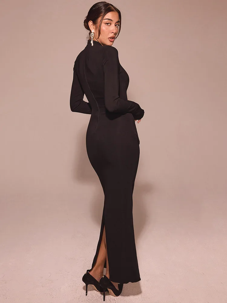 Articat Elegant Long Sleeve Elastic Tight Party Evening Dress Women 2025 Autumn/Winter Fashion Vestidos New Slim Female Clothing