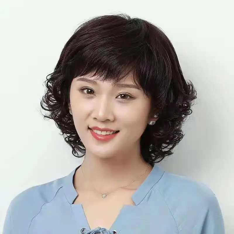 European and American small curly slanted bangs wigs, women's full set wigs, high-temperature silk curly wigs, wig sets