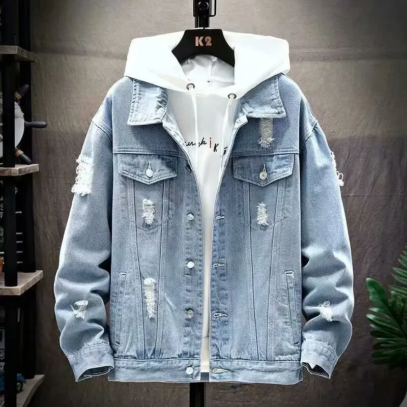 Stylish Denim Jacket For Men Trendy Korean Style Loose Fit Casual Cloth Distressed Look Autumn Season Thin Layer