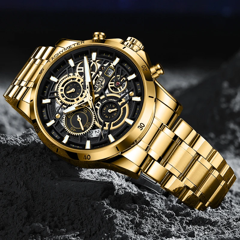 LIGE Fashion Gold Watch Men Military Sport Quartz Mens Watches Top Brand Luxury Full Steel Waterproof Chronograph Reloj Hombre