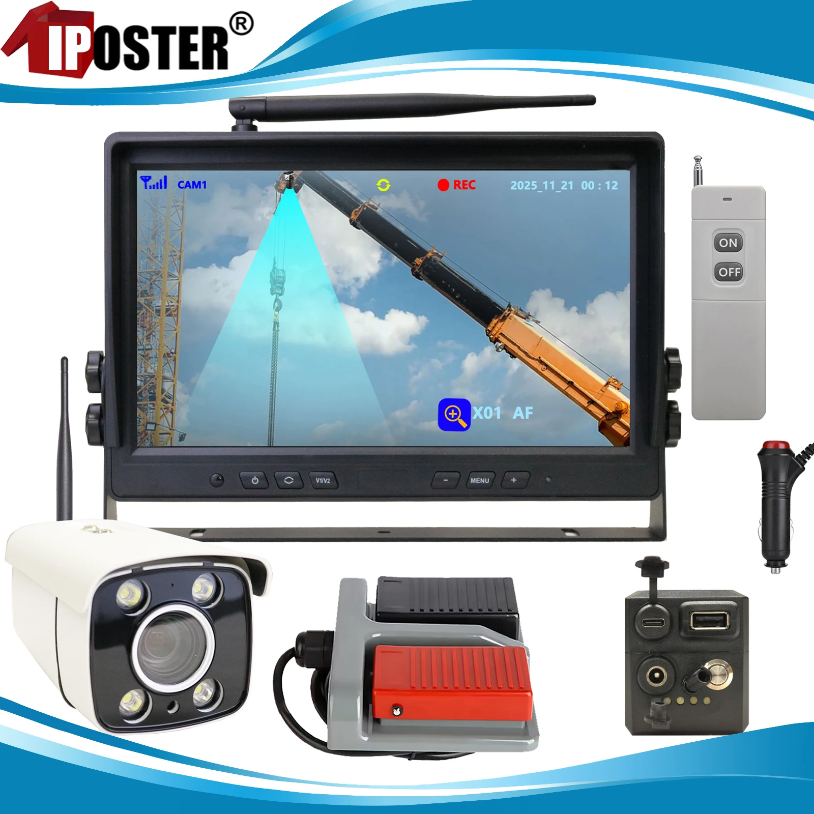 

iPoster Crane 1080P Digital Wireless 30x Zoom Monitoring Camera 10.1" Quad DVR Monitor 20000mAh Battery For crane/tower crane