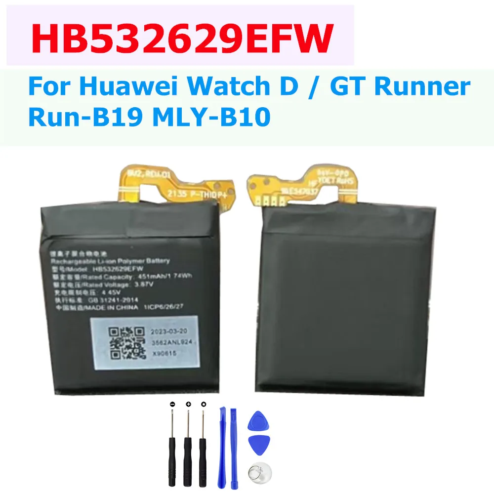 HB532629EFW 451mAh Replacement Watch Battery For Huawei Watch D ,GT Runner Run-B19 MLY-B10 Battery HB532629EFW + Tools