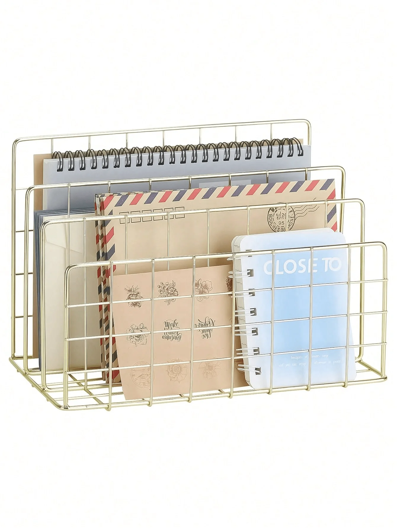 

1pc Gold Letter Storage Rack, Desktop Mail Organizer, Metal Mesh Small Folder Letter Storage Rack, Good-Looking Office Document/