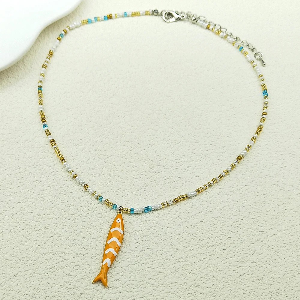 Bunte Fisch Anhänger Halskette für Frauen Mädchen handgemachte gewebte Perlen Dopamin Farbe Meer Party Sommer Mode Kette Halsband Schmuck – Detail 4