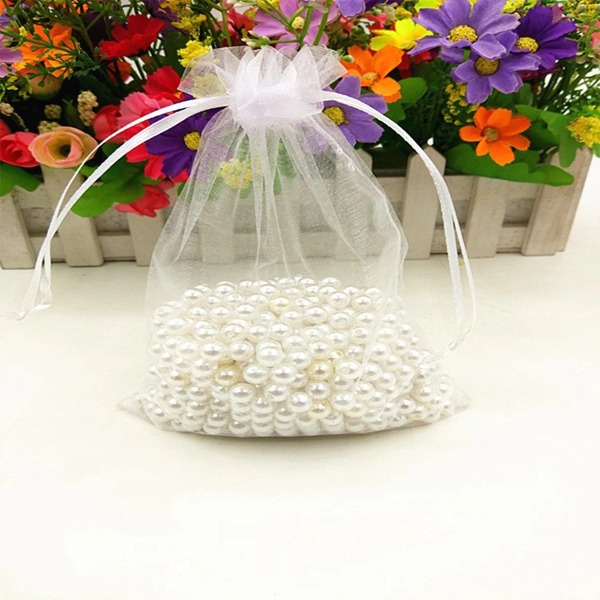 

50 pcs 10X15Cm Pearl Tulle Drawstring Bags Wedding Gift Storage Cloth Pouches For Candy Jewelry Keys Favor