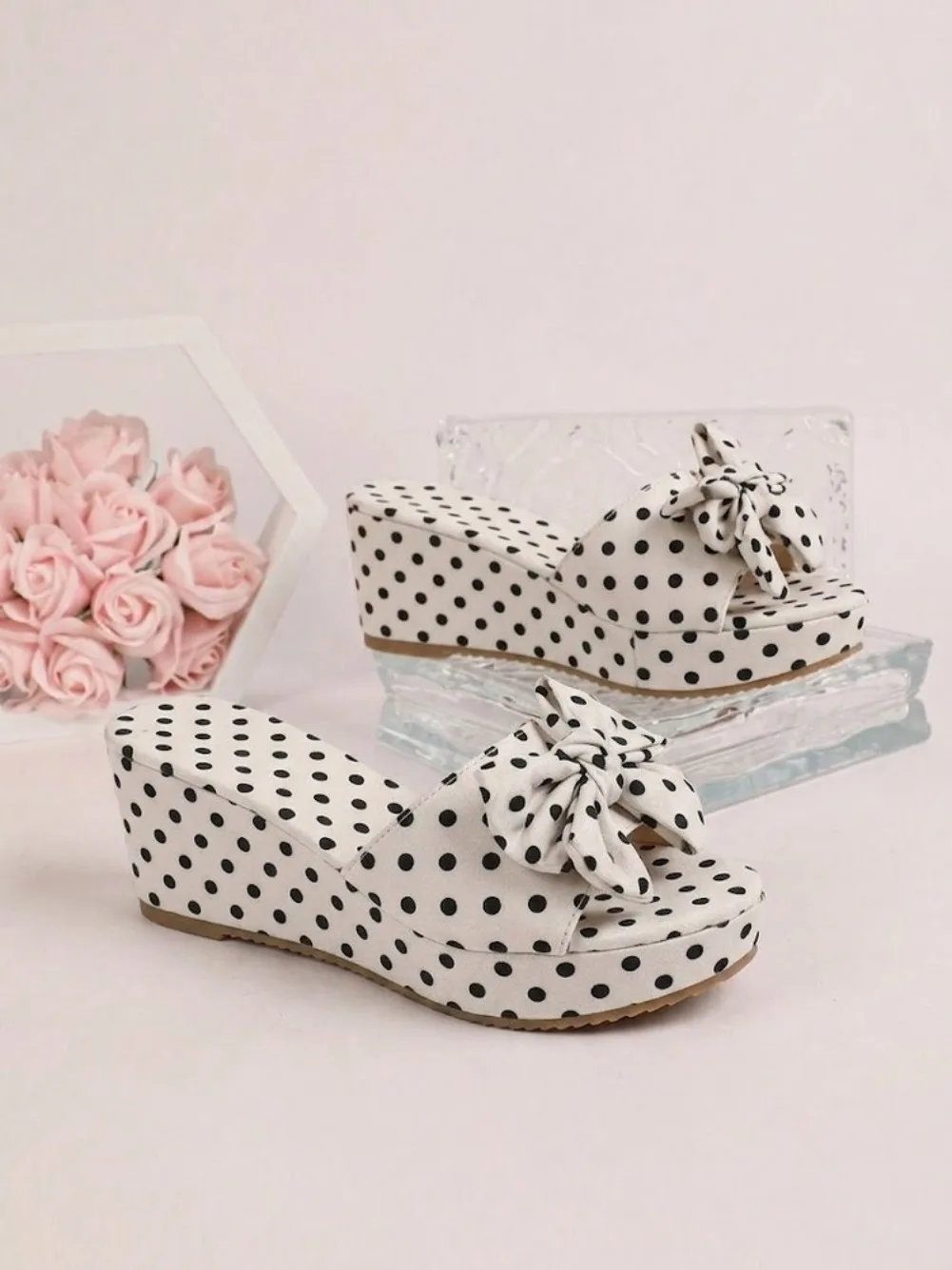 Übergröße 43 Damen Polka Dot Keilabsatz-Sandalen mit Schleifendekor Knöchelriemen Plateau-Schuhe Sommer Strand Fußbekleidung – Detail 13