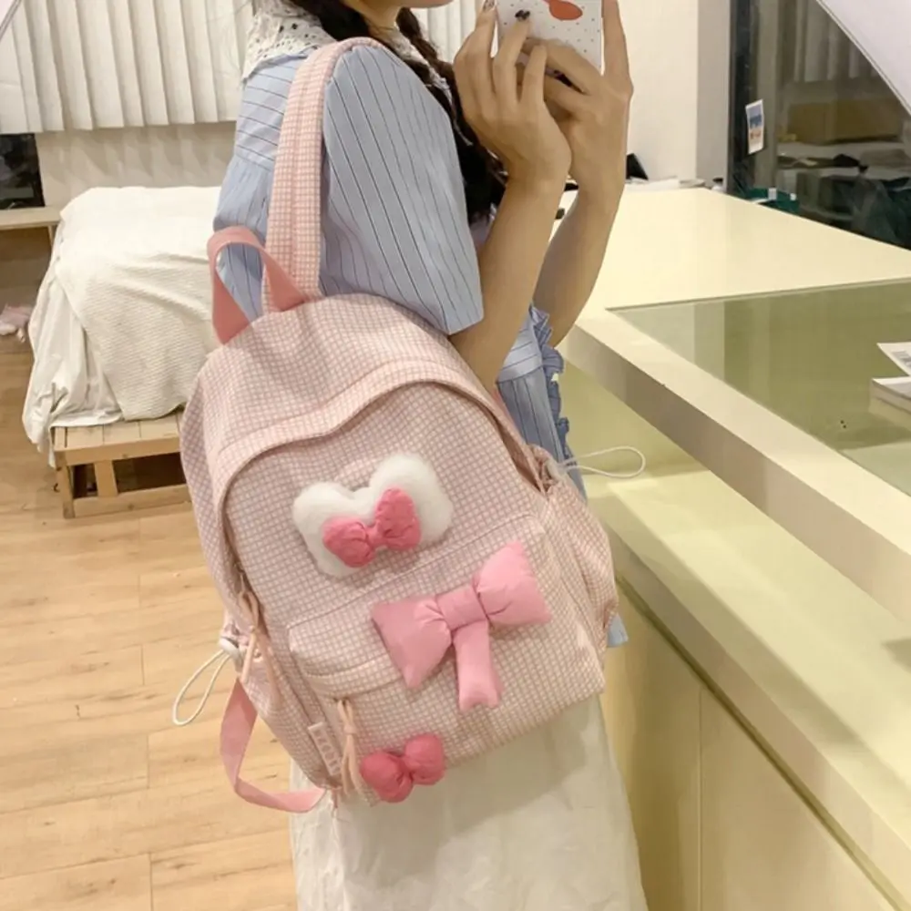 Large Capacity Cute Bowknot Backpack Solid Color Korean Style Nylon Student School Bag Lightweight Lattice